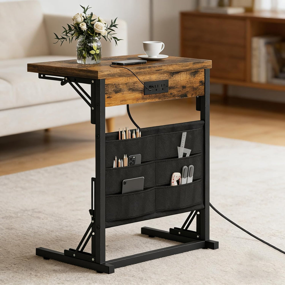 Foldable C-Shaped Table with Charging Station, Folding TV Tray End Table for ...