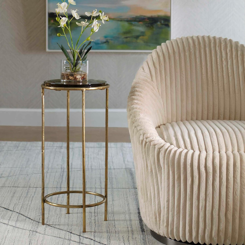 Antique Gold Textured Iron Accent Table with Recycled Glass Top Modern Round ...