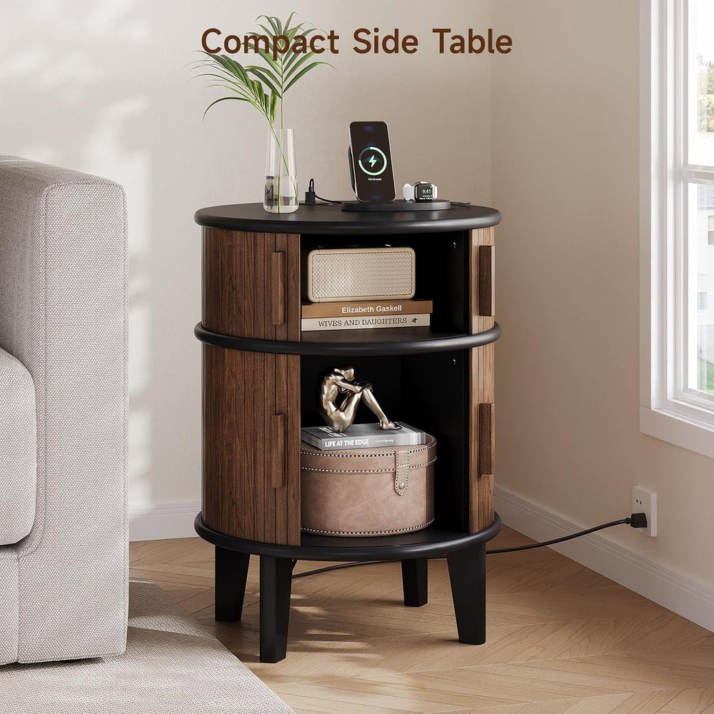 ONBRILL Fluted Round End Table with Storage, Mid-Century Modern Side Table wi...