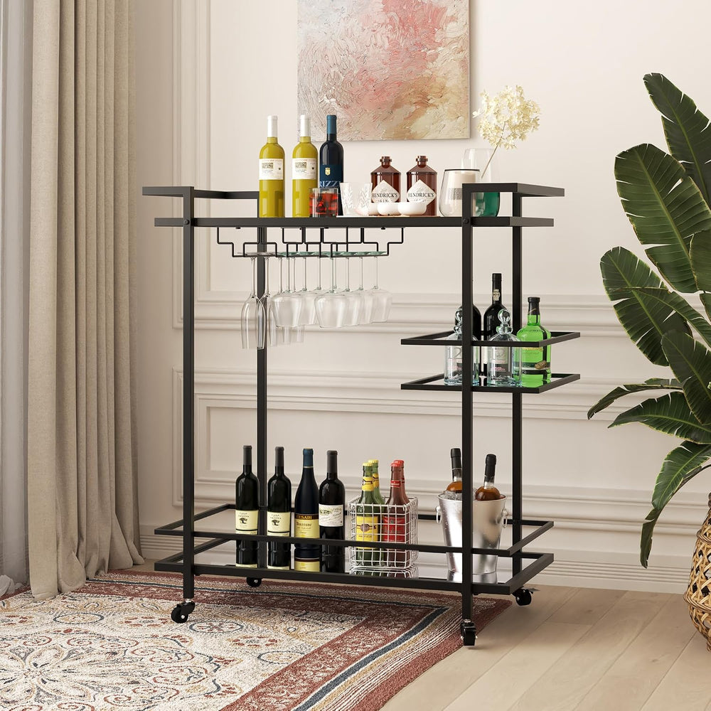 RiteSune Black Bar Carts for The Home, Wine Cart with Wheels | 3 Tier Home Se...