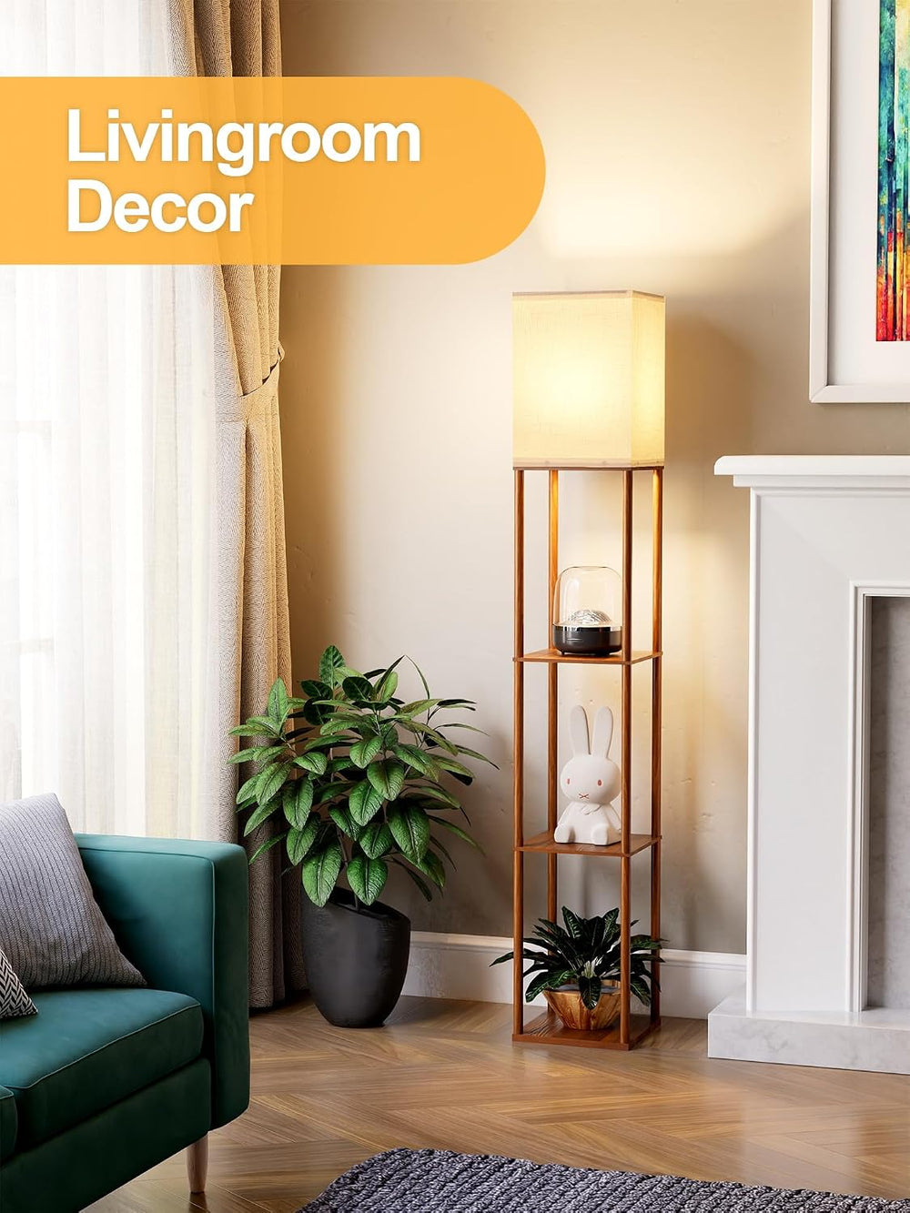 Floor Lamp with Shelves for Living Room Walnut Brown, Shelf Floor Lamp with 3...