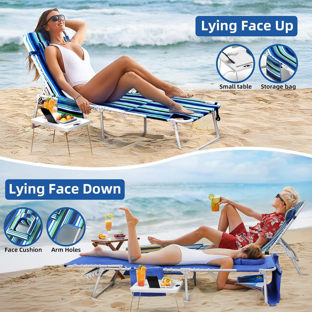 3-in-1 Beach Chair Face Holes, Lounge Chair Outdoor with Folding Side Table, ...