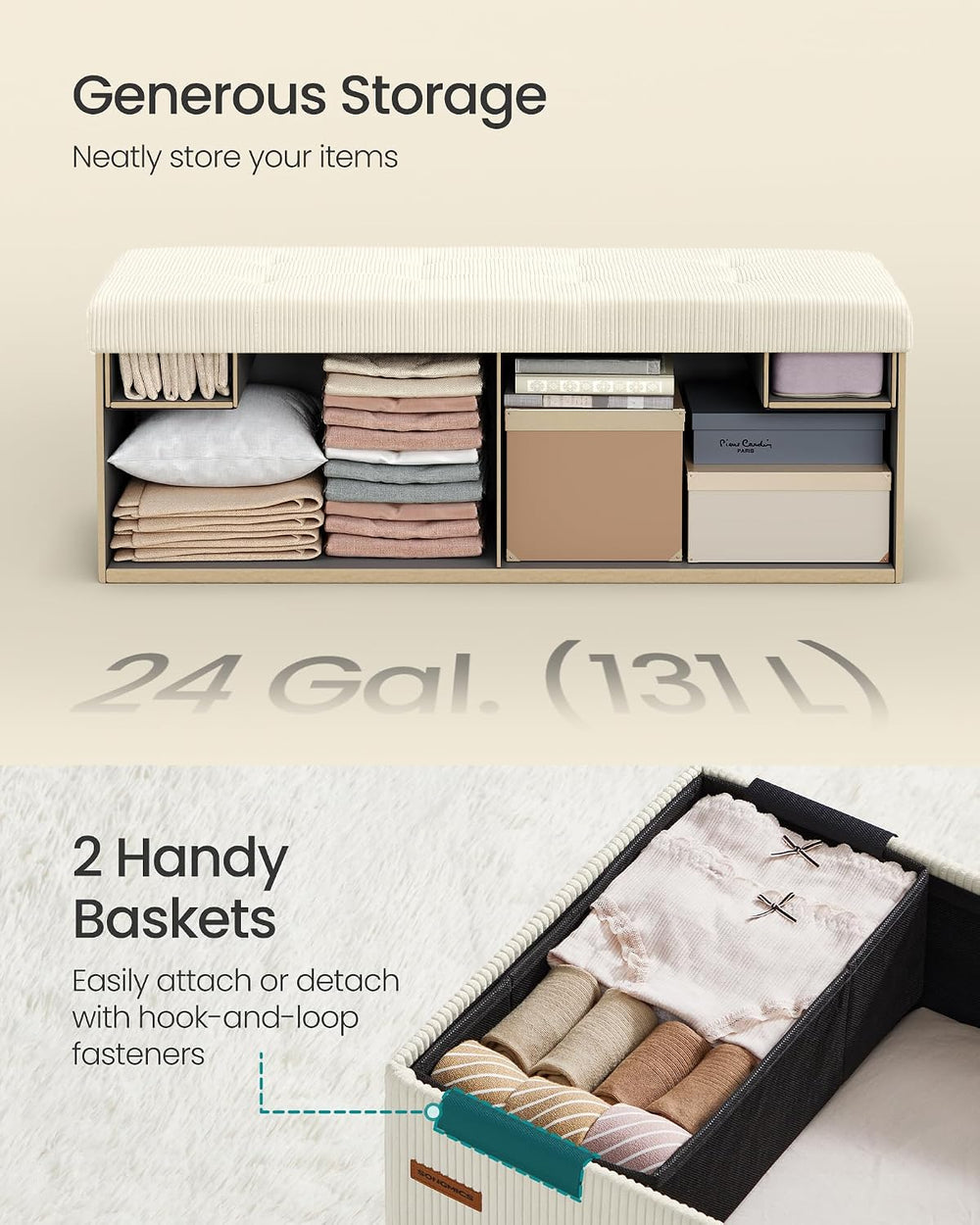 SONGMICS Ottoman Storage Bench, 43 Inch Foldable Foot Rest | Corduroy, for En...