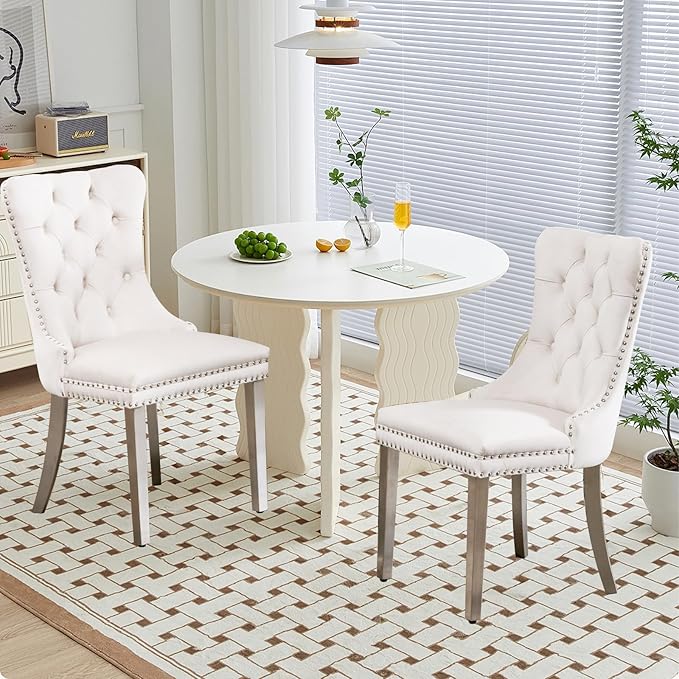 Velvet Upholstered Dining Chairs Set of 2, Modern Style Kitchen Side Chairs w...