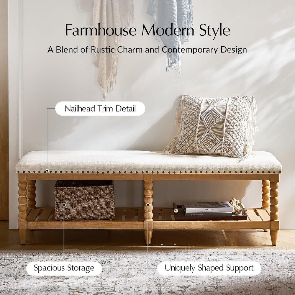 HULALA HOME Entryway Bench with Soild Wood Shelf, 58" Upholstered Shoe S...