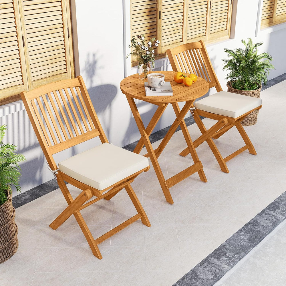 Tangkula 3 Pieces Acacia Wood Patio Folding Bistro Set, Outdoor Table and Cha...