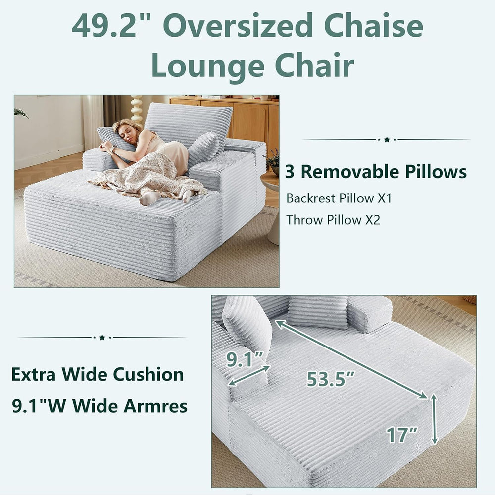 50"Oversized Chaise Lounge Chair Indoor,Corduroy Reading Chair with 3 Pi...