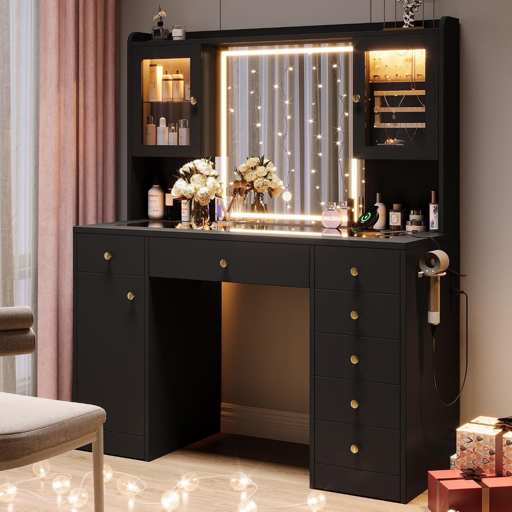 Einhomn Makeup Vanity Desk with Mirror & LED Lights, Large Glass Top Vani...