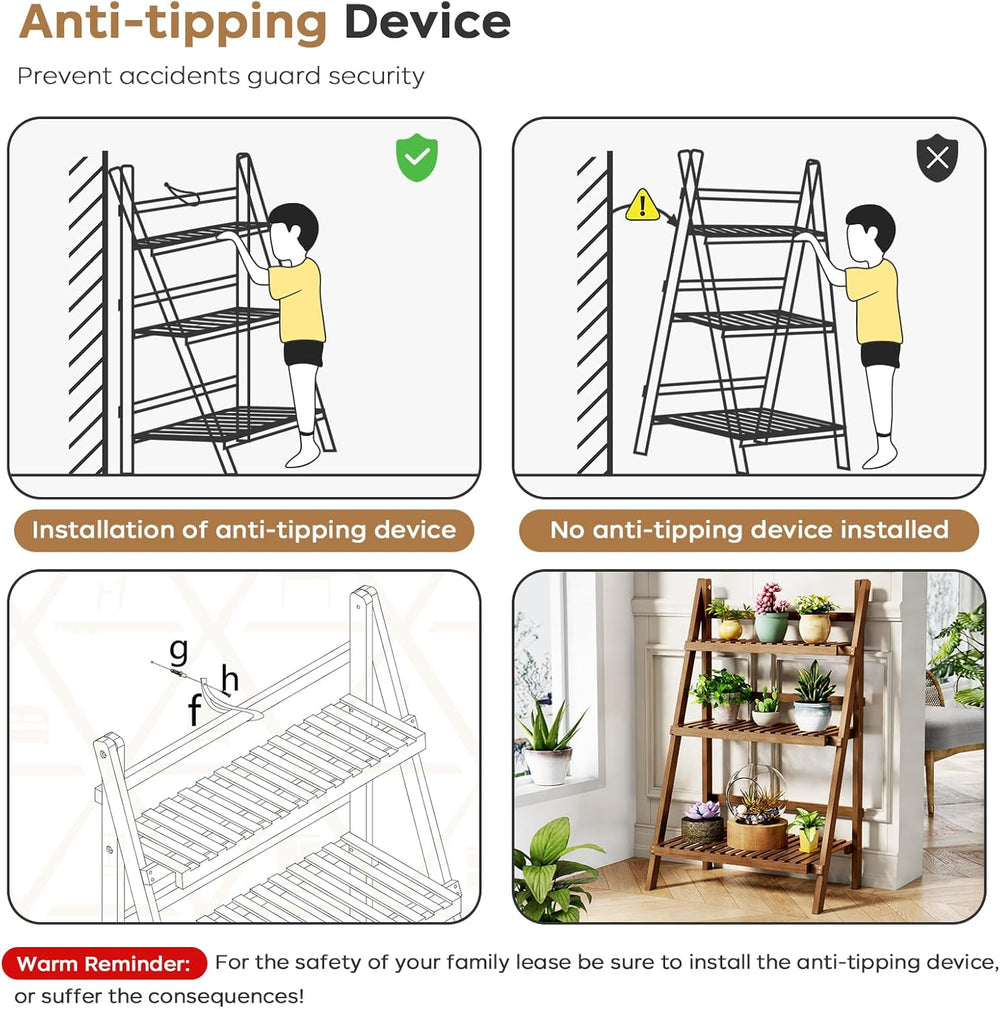 Bamboo Ladder Shelf 3-Tier Foldable Plant Stand, 23.6"W x 15"D x 39...