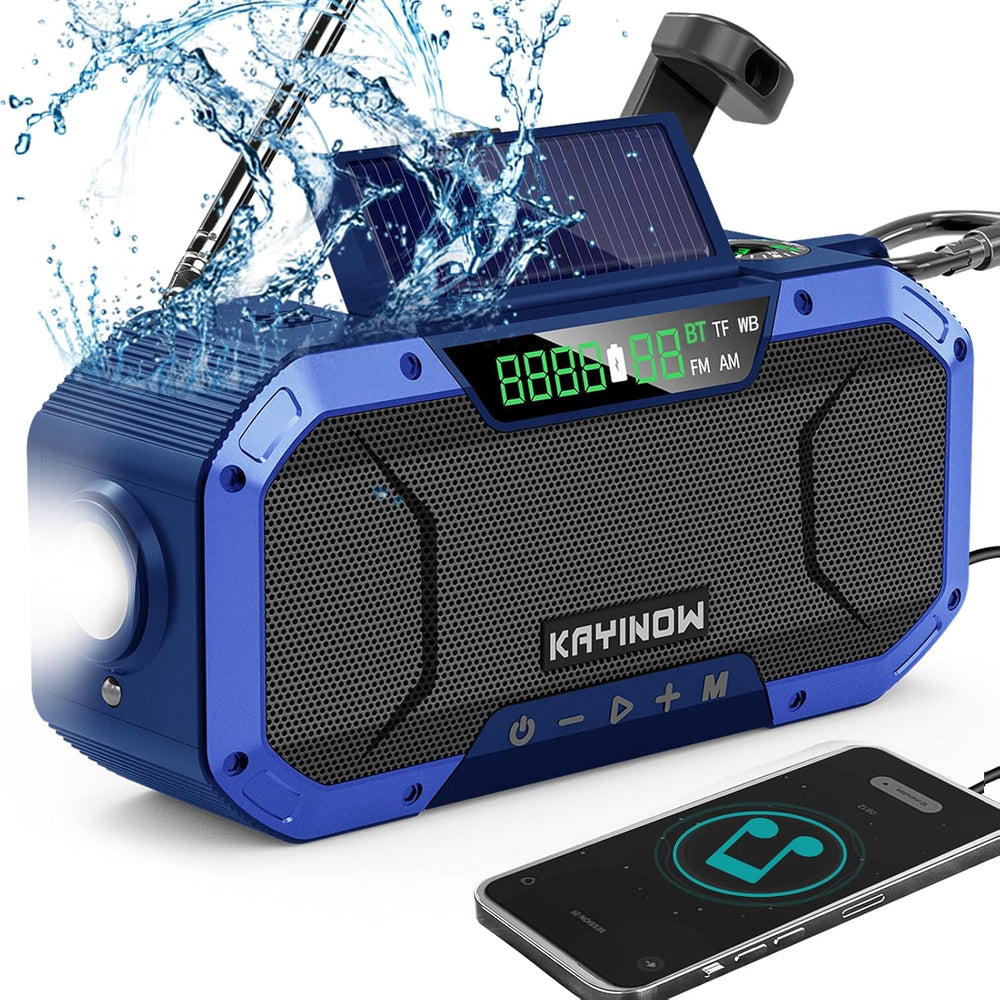 KAYINOW Emergency NOAA Weather Radio, Solar Hand Crank FM AM Radio with Bluet...