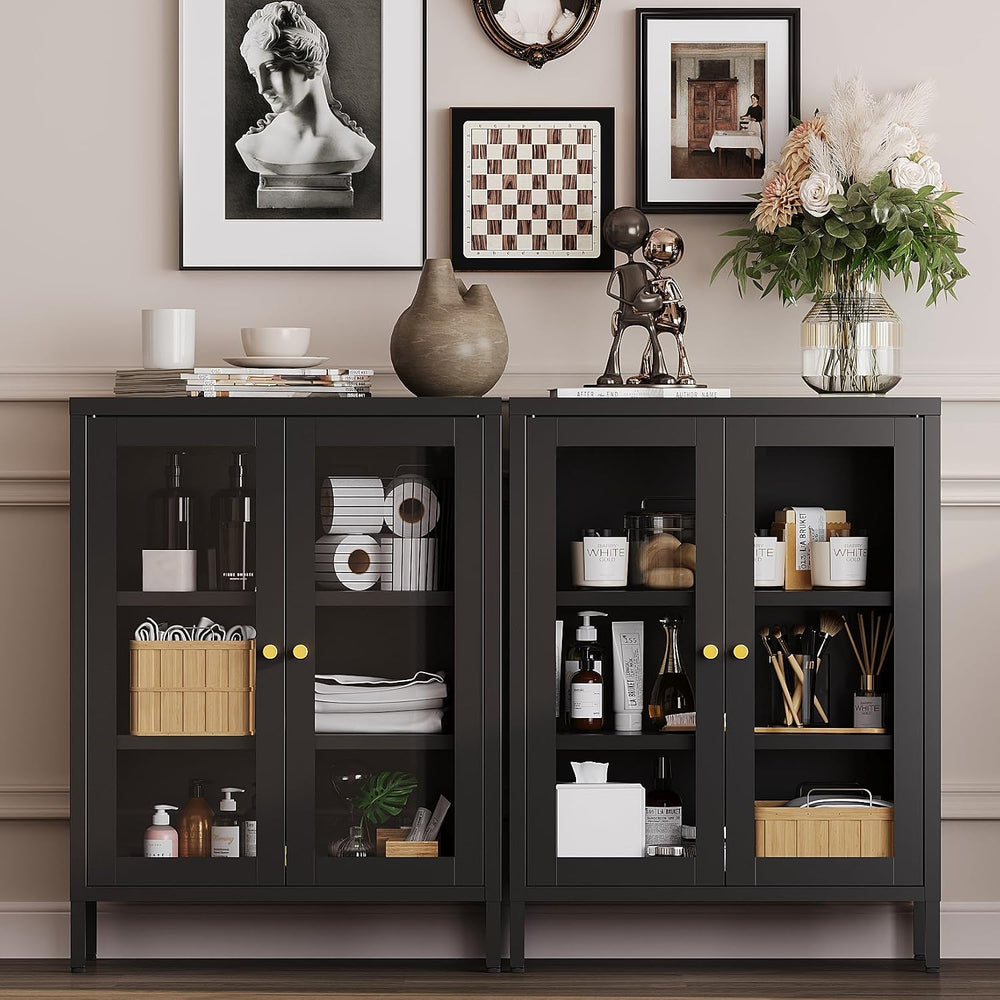 YAUWOH Metal Bathroom Cabinet with Glass Doors,Bathroom Floor Storage Cabinet...