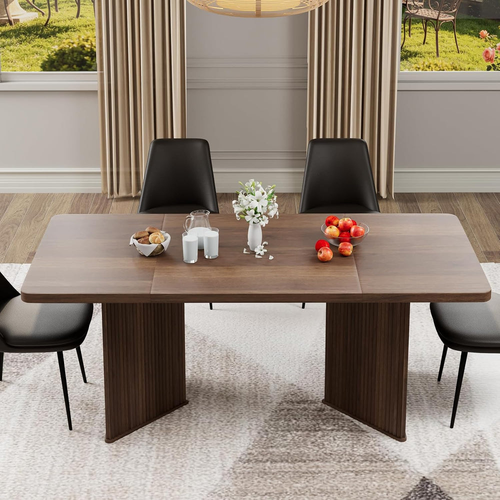 71 inch Rectangular Wood Dining Table for 6-8 People, Modern Fluted Pedestal ...