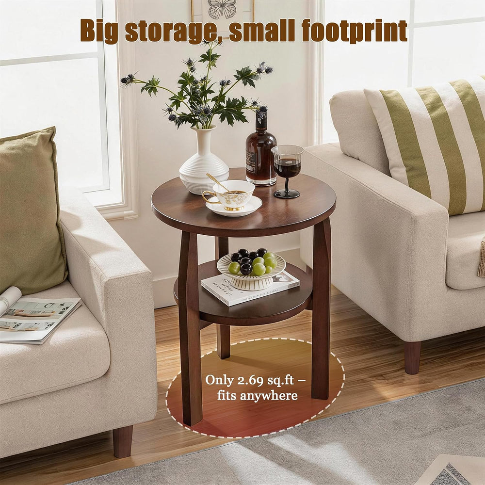 Round End Table, Solid Rubberwood 2-Tier Side Table with Open Storage Shelf, ...