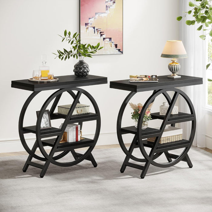 Tribesigns End Table Set of 2, 3-Tier Narrow Sofa Side Table with Storage for Living Room, Wood End Table with Geometric Metal Frame, Industrial Nightstand and Bedside Table for Bedroom, Black