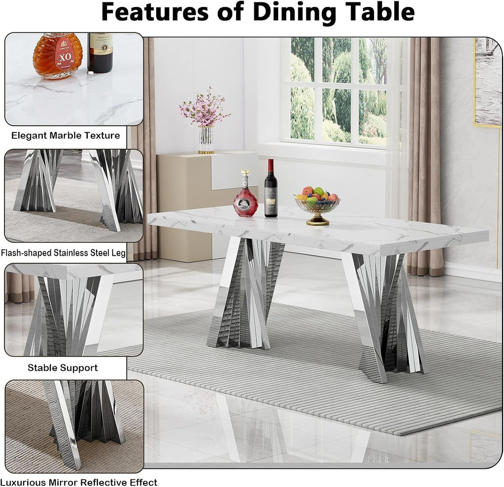 70" Faux Marble White Silver Dining Table for 6, Modern Dining Room Tabl...