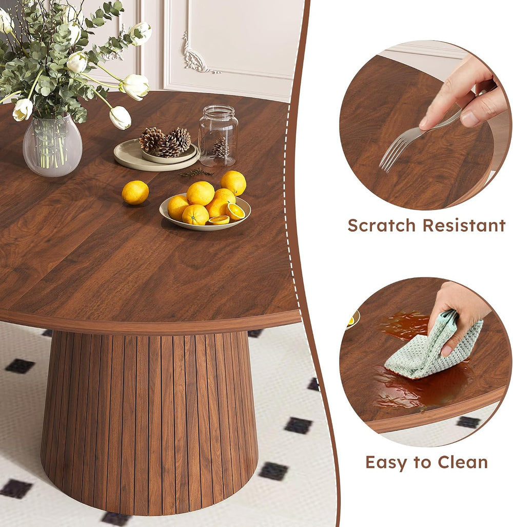 Round Dining Room Table, Farmhouse Kitchen Table with Wood Strip Base, 47.2“ ...