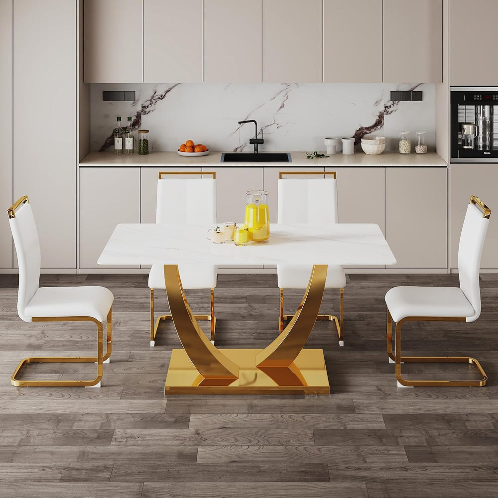 White and Gold Dining Table Set for 4, Faux Marble Dining Room Table Set for ...