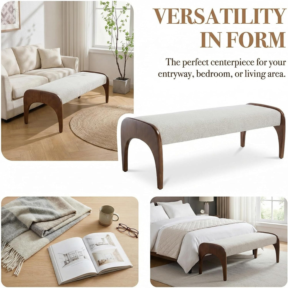 LukeAlon 51-Inch Extra Long Upholstered Bench with Cute Solid Walnut Rubber W...