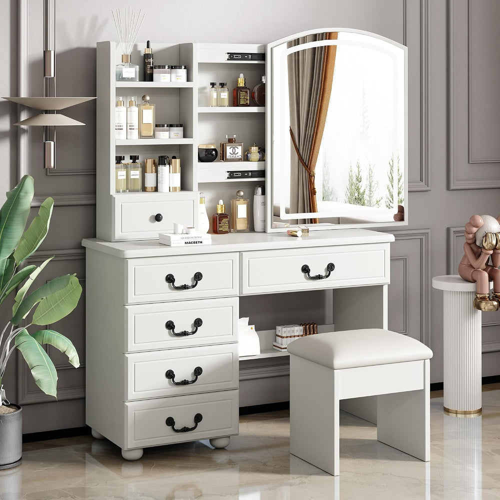 Vanity Desk Set with Lighted Mirror and Upholstered Stool, Vanity Table with ...
