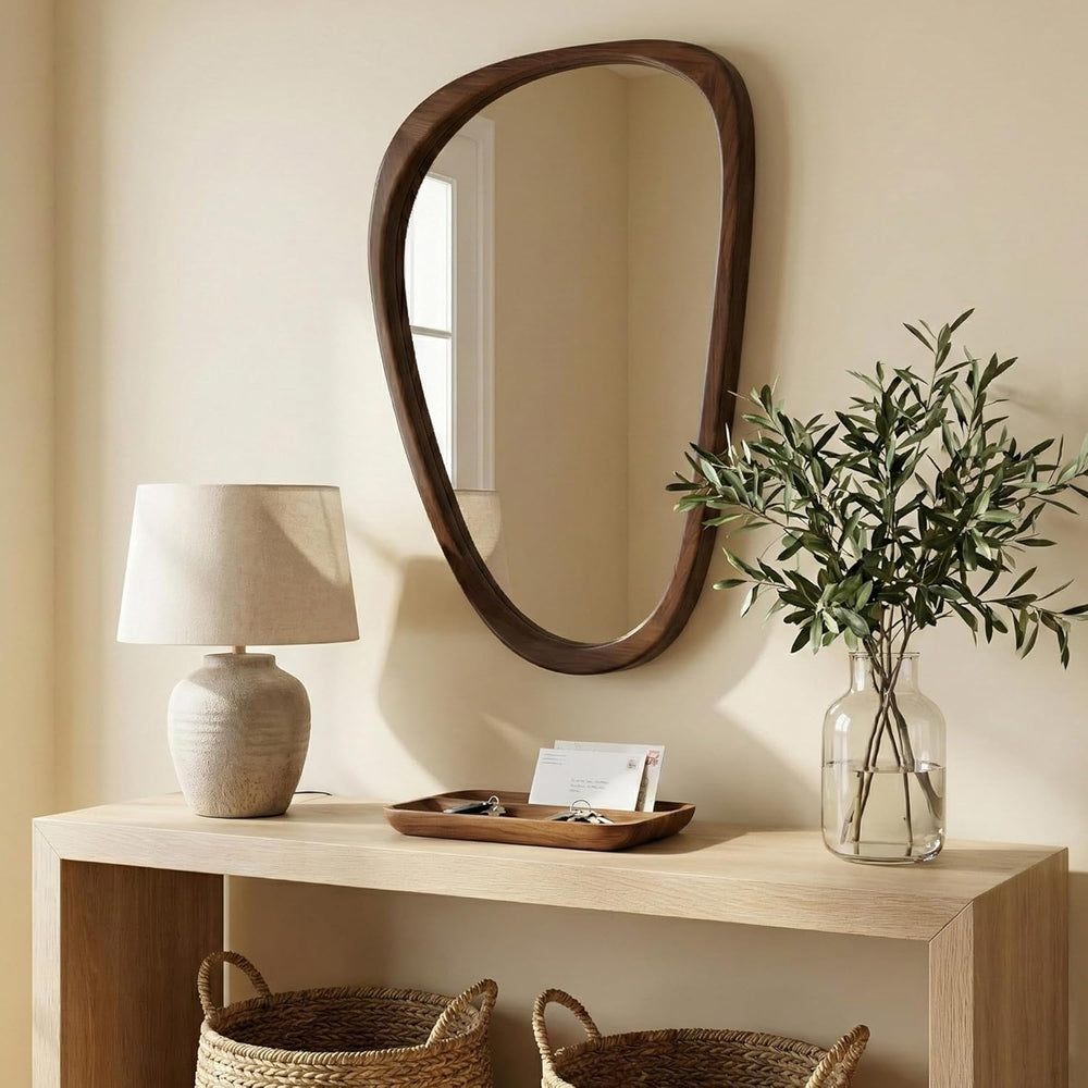 Solid Wood 36x24 Dark Walnut Irregular Bathroom Vanity Wall Mirror