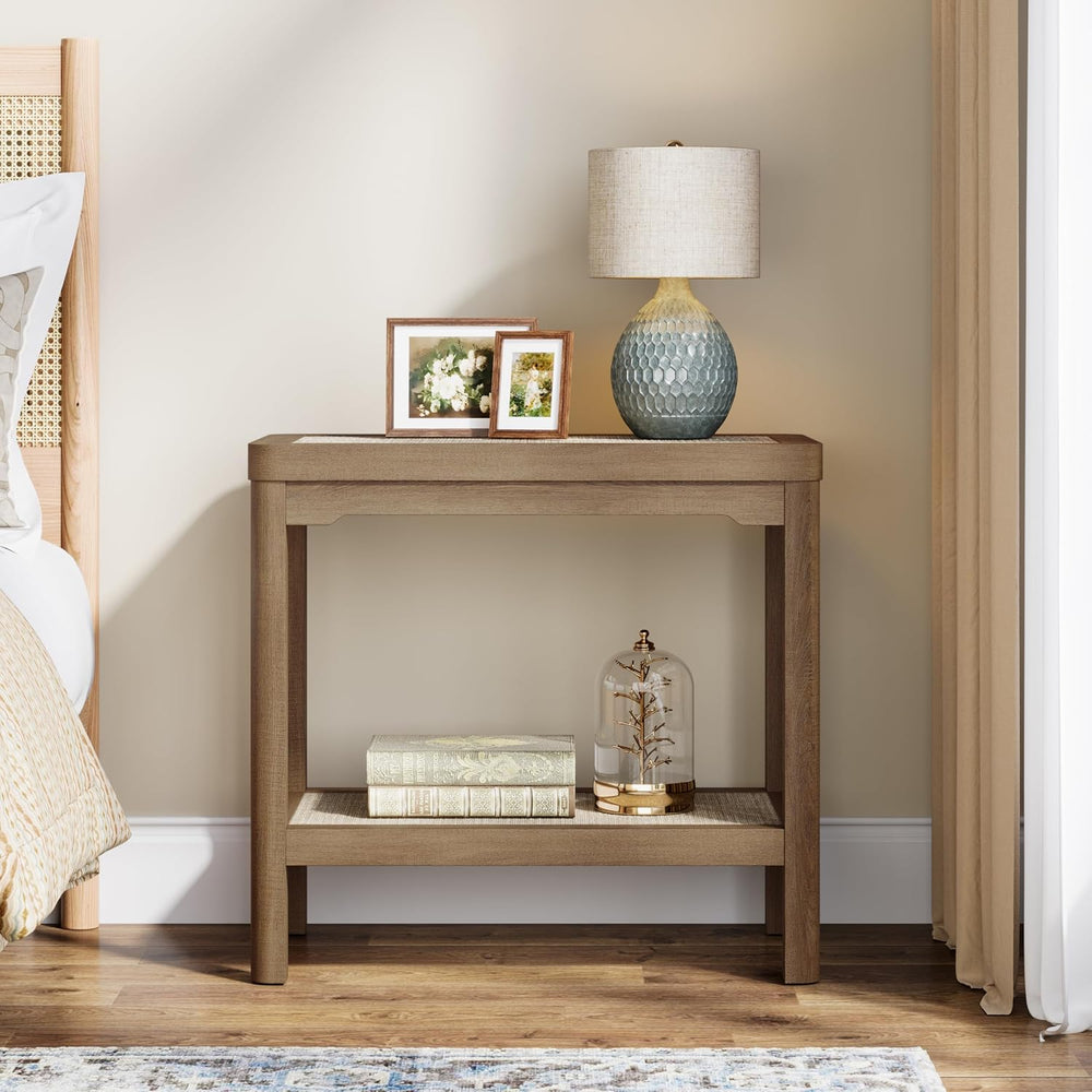 Eclatara Night Stand Set of 2, Farmhouse End Table with 2 Tier Boho Rattan Sh...