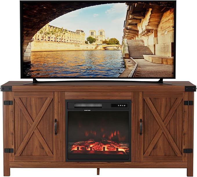 JUMMICO Fireplace TV Stand, Farmhouse Entertainment Center with Fireplace and...