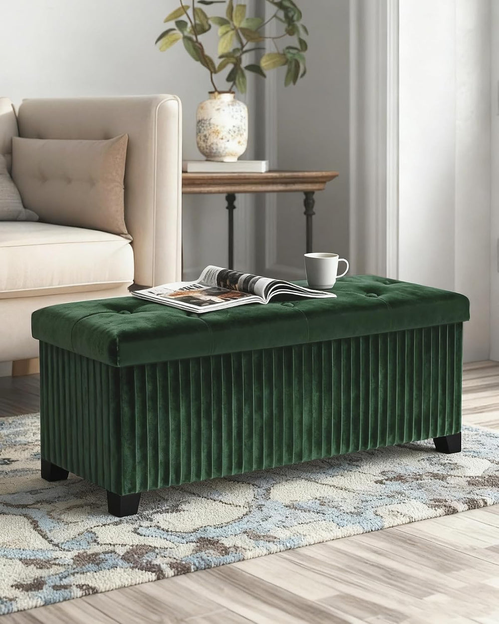 LITZFUR 43 Inches Storage Ottoman Bench, Velvet Foot Rest Stool, Green | Fold...
