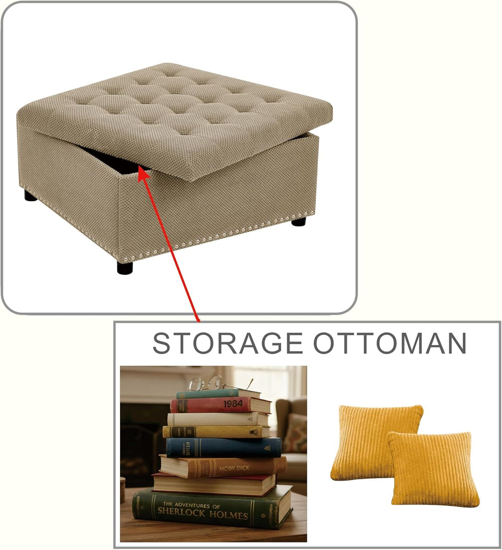 Oversized Square Ottoman with Storage for Living Room, Upholstered Fabric Tuf...
