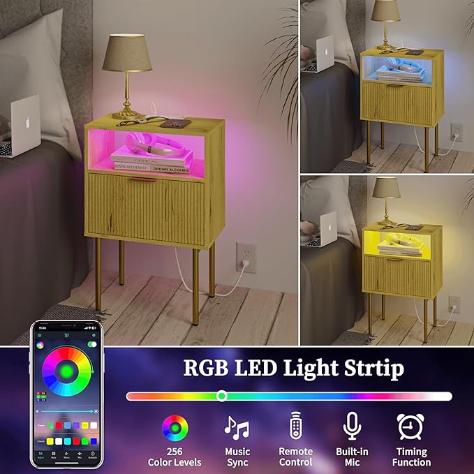 Nightstand with Charging Station, Bedside Table with Storage Drawer, Fluted S...