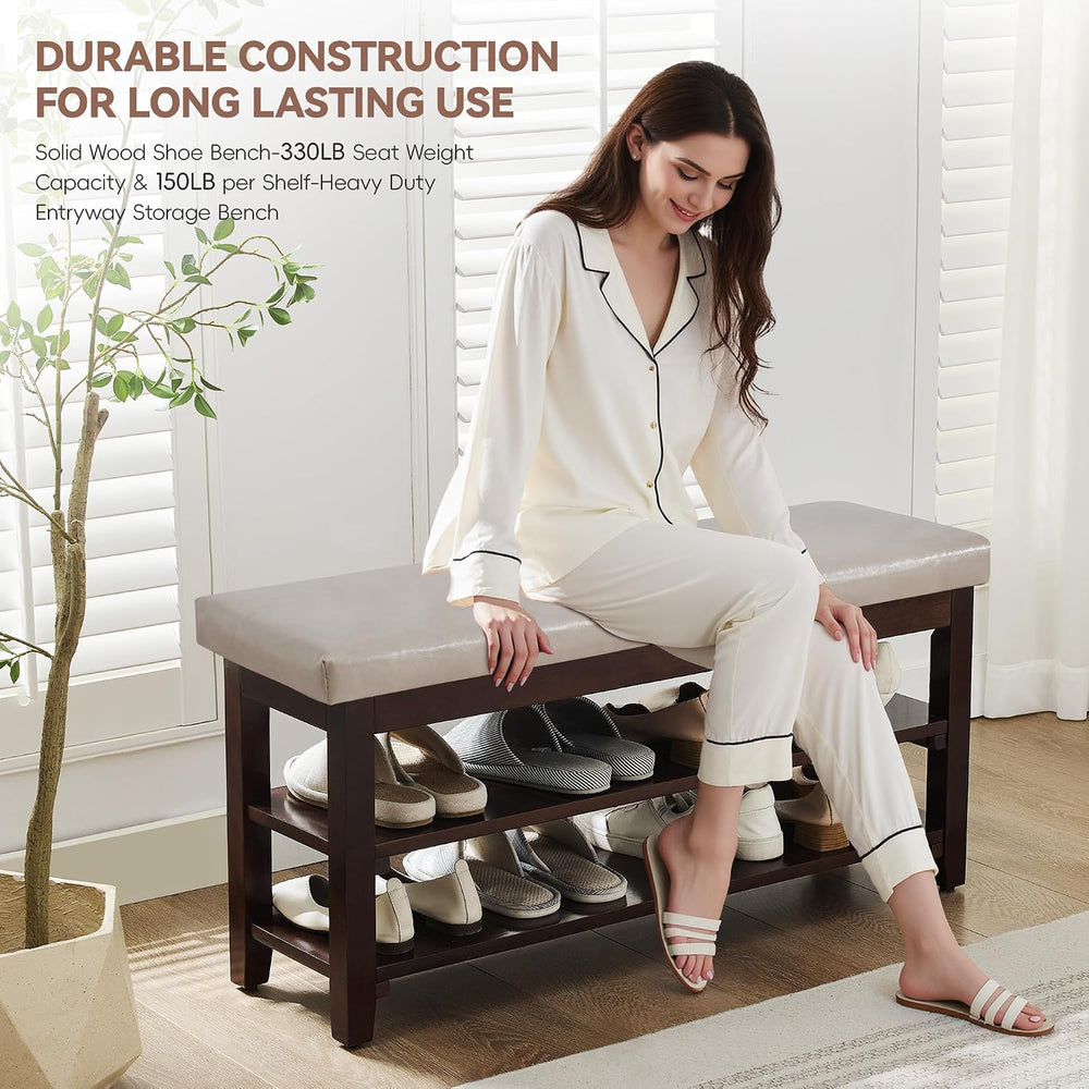 40" Shoe Bench with Leather Cushion, Upholstered Entryway Bench, Grey | ...