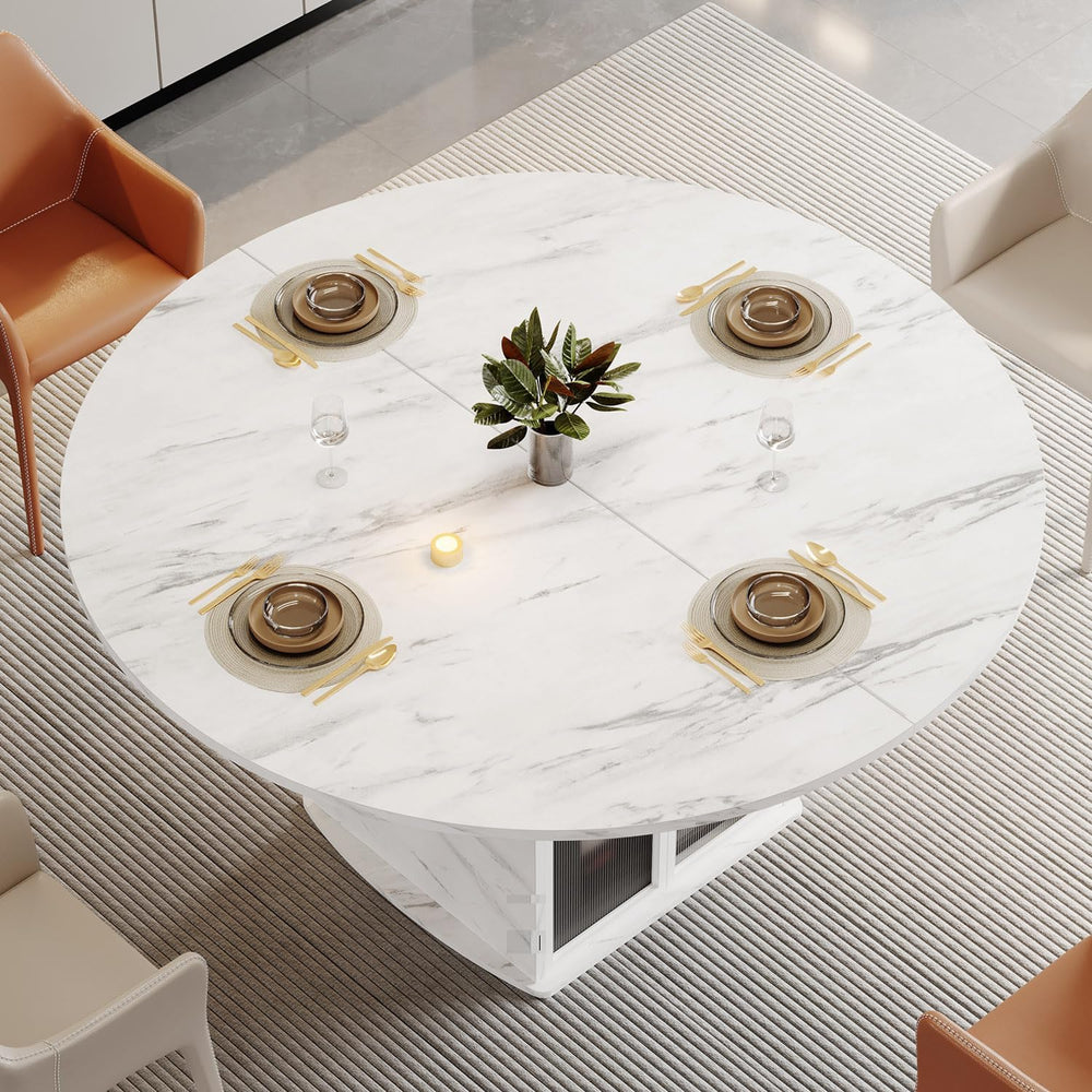 IBF 47" Round Dining Table with Storage, White Faux Marble Kitchen Table...