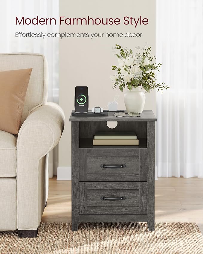 VASAGLE LIRY Collection - Farmhouse Nightstand with Charging Station, Bedside...