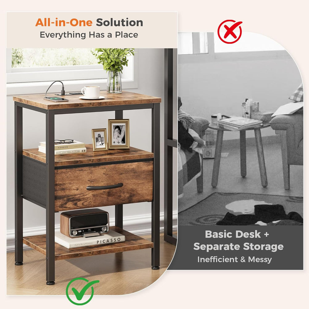 DUMOS Bedside Table with Charging Station and an Adjustable Fabric Drawer, an...
