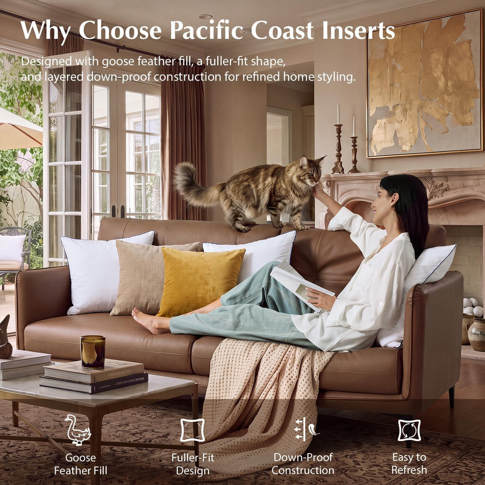 Pacific Coast Goose Feather Pillow Inserts 18x18 Set of 2, Down-Proof Throw P...