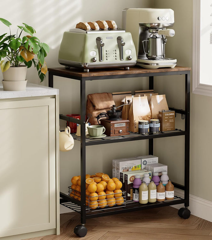 itchen Rolling Cart, 3-Tier Microwave Stand with Lockable Wheels, One-Piece Shelf, Kitchen Utility Storage Cart for Coffee Bar,Apartment, Dorm, Laundry Room, Office, 23.6" x 15.7" x 27.6", Brown