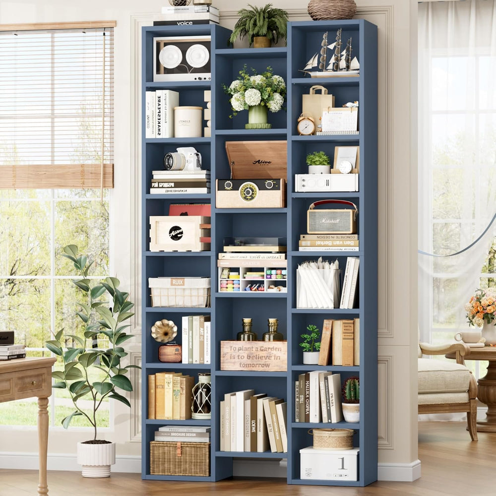 FOTOSOK 71'' H Bookshelf with 21 Cubes, Triple Wide Tall Bookshelf Blue