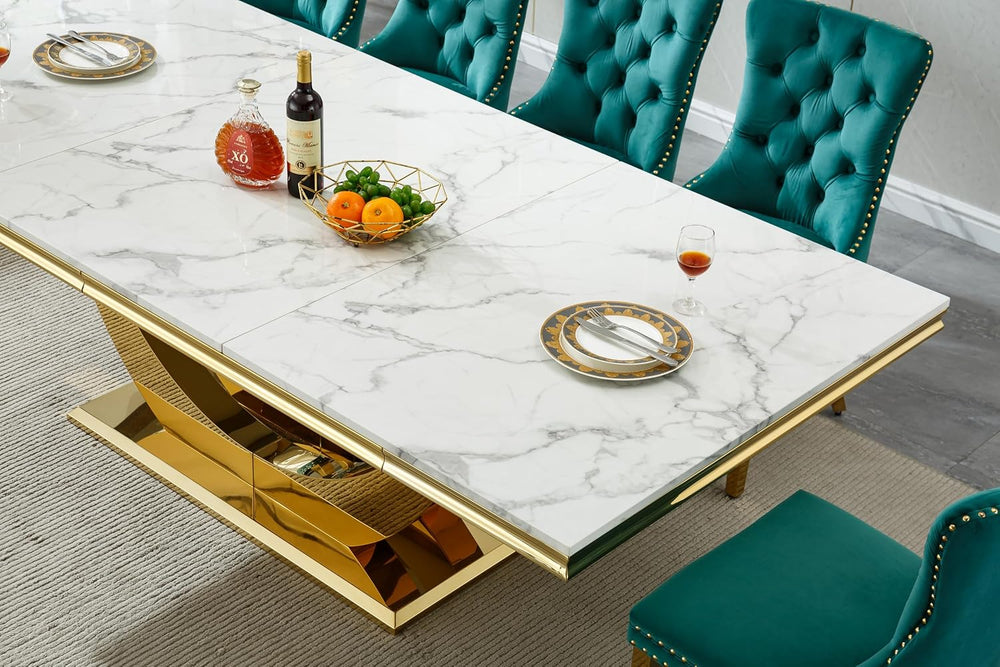 94 Inch White Marble Dining Table for 6-10 People, Modern Extra Long Rectangu...