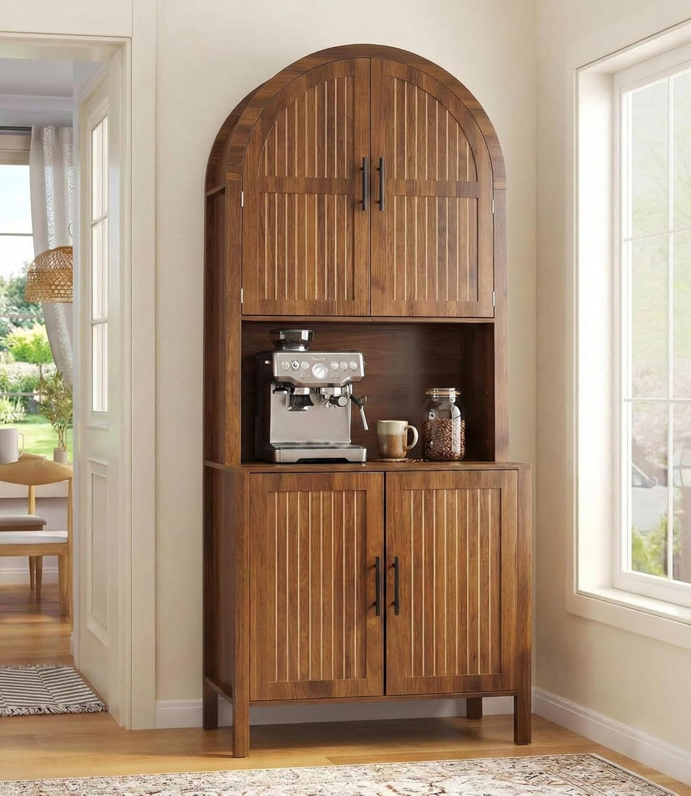 76" Tall Arched Kitchen Pantry,Large Storage Cupboard with Fluted Doors,...