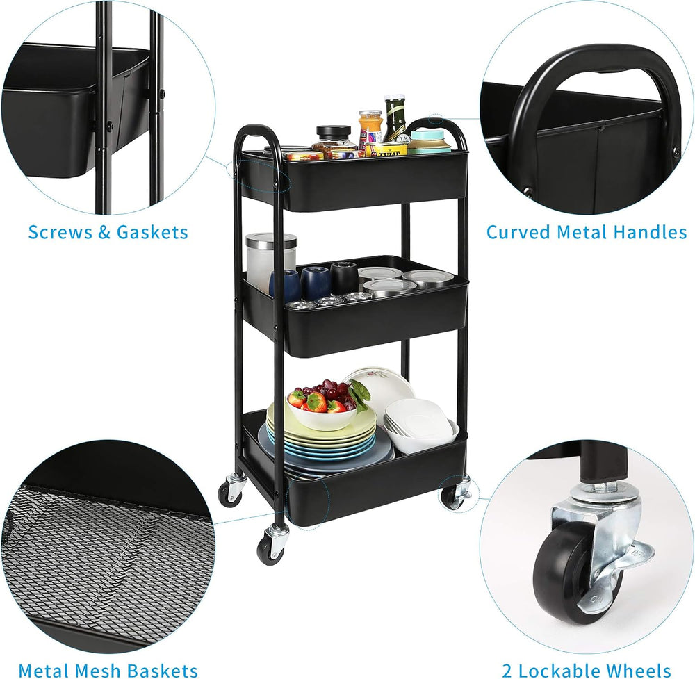 3-Tier Rolling Utility Cart with Caster Wheels,Easy Assembly, for Kitchen, Ba...