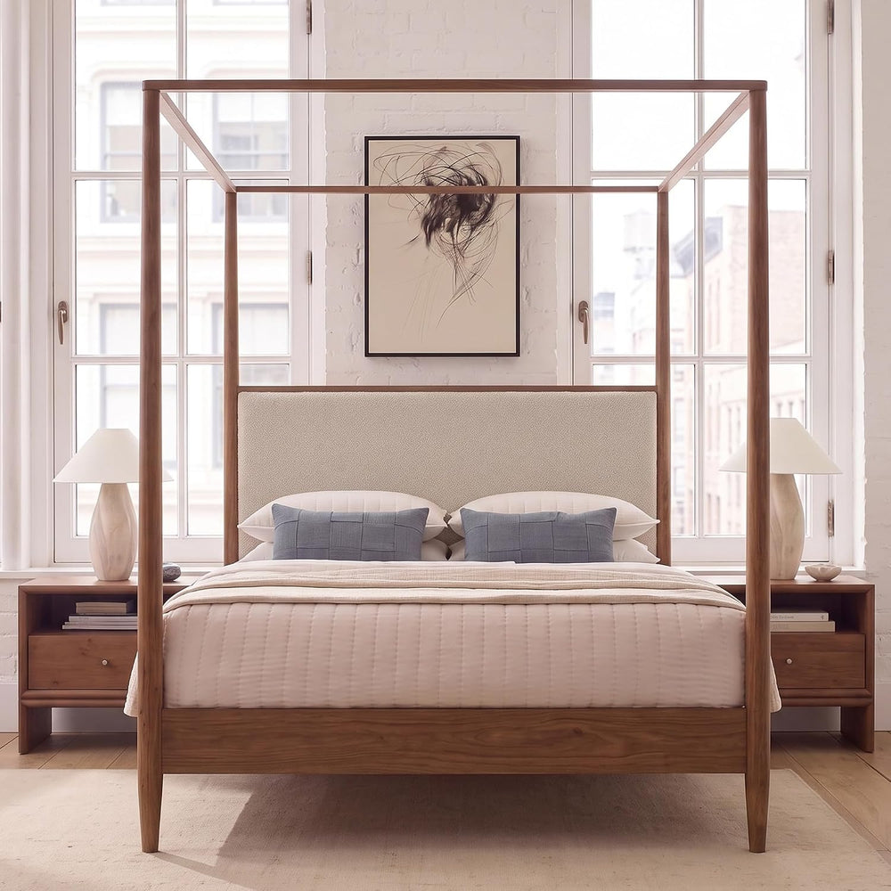 SOFTSEA Queen Size Wood Canopy Bed with Upholstered Headboard, Walnut