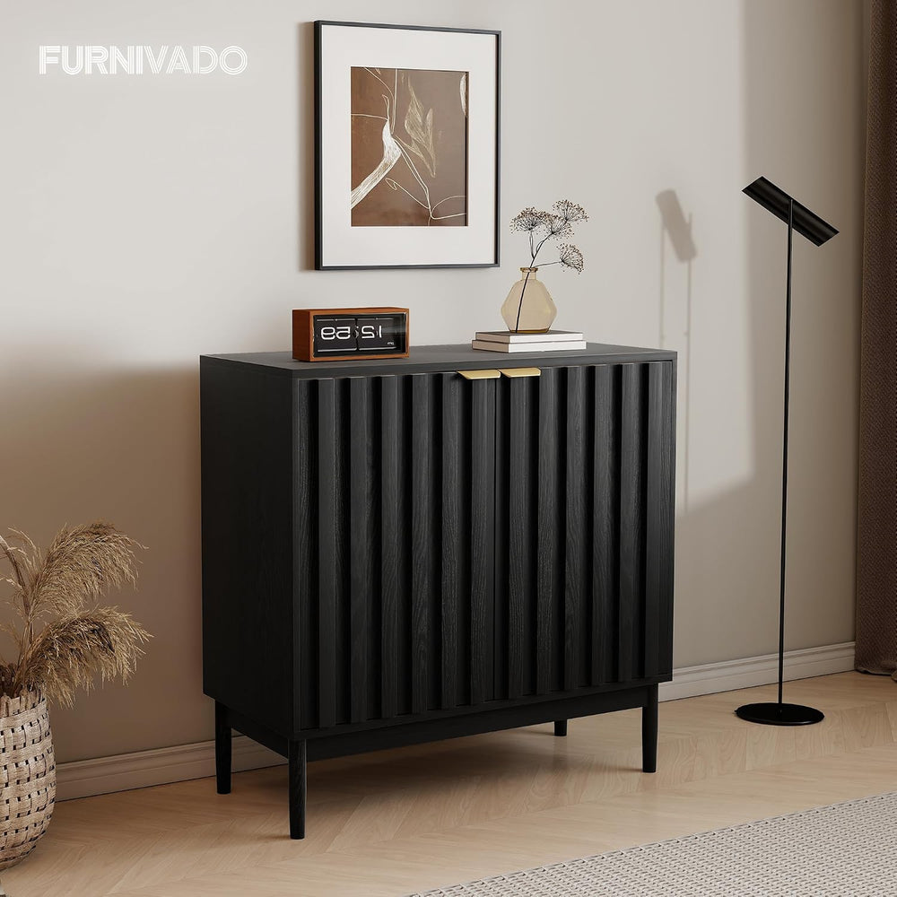 Fluted Cabinet with Storage, Buffet Cabinet Sideboard with 2 Doors, Black Buf...