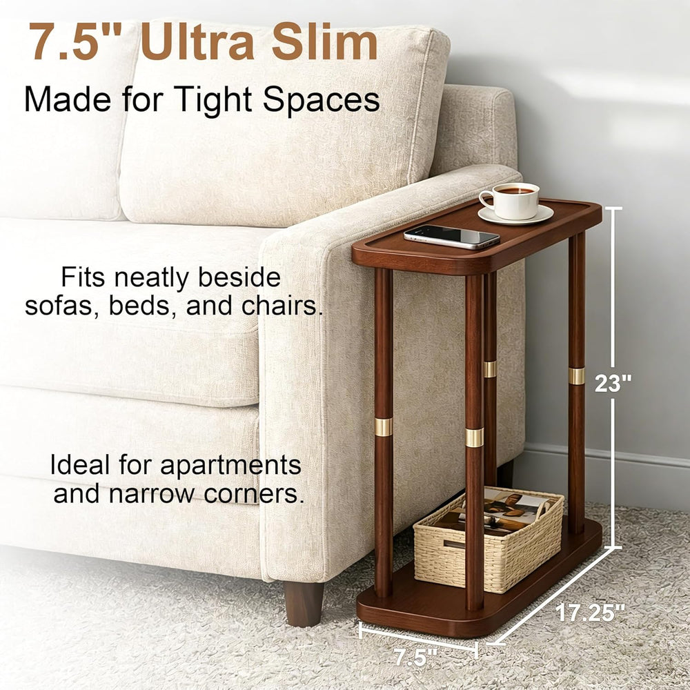 Narrow Side Table, 2-Tier Solid Wood Slim End Table for Small Spaces, 7.5-Inc...