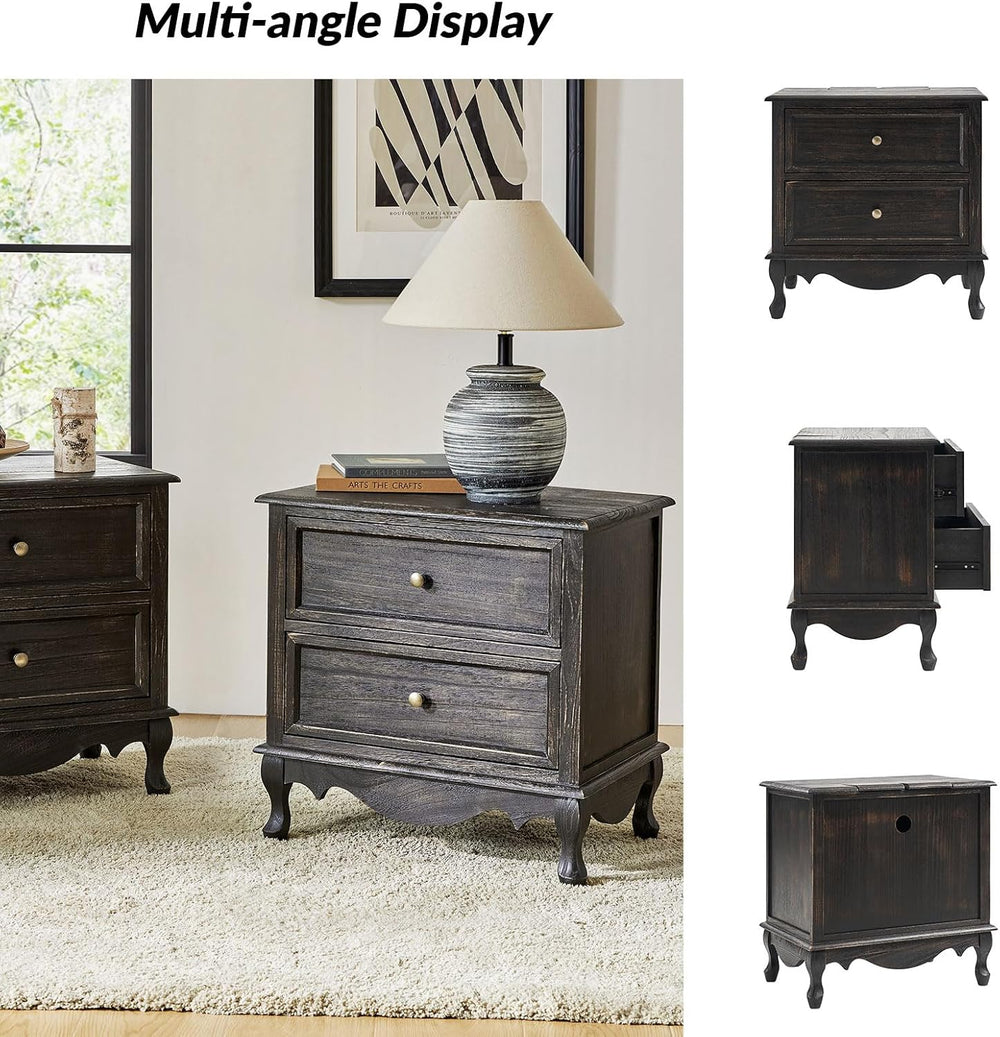 HULALA HOME Solid Wood End Tables Set of 2 with Charging Station Space, Vinta...