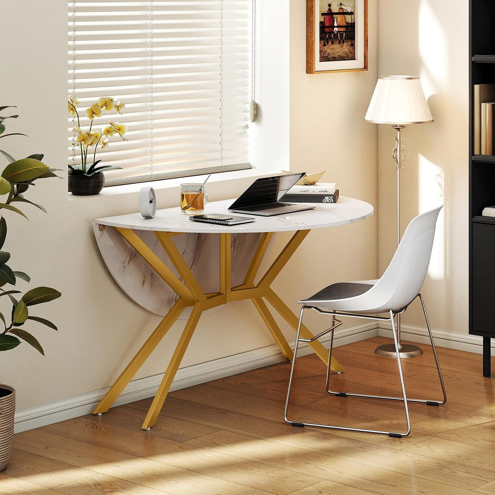 Giantex Folding Dining Table for 4-6 People, 47" Round Drop Leaf Table w...