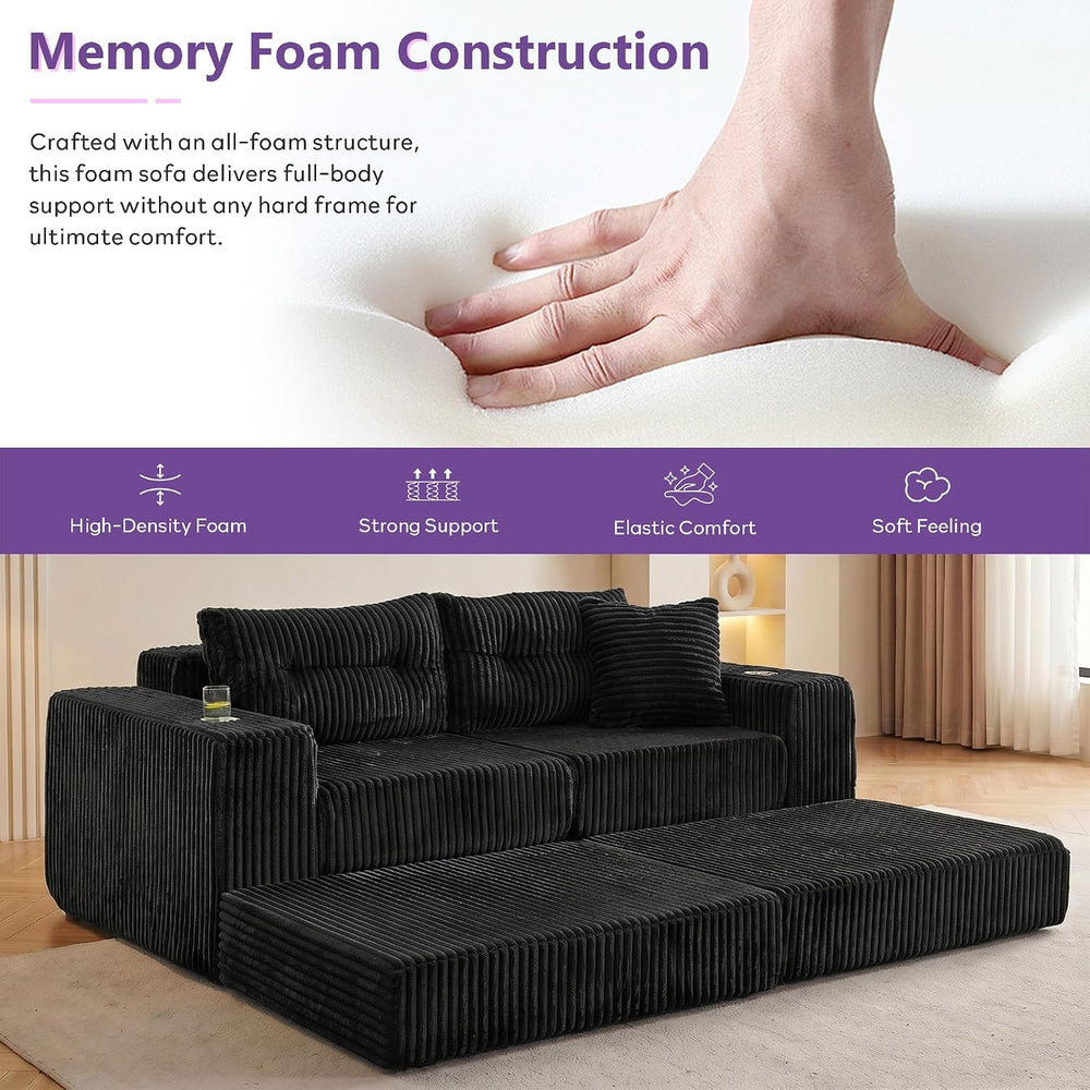 80.31“ Modular Sectional Cloud Couch, Loveseat with Ottoman, Black | Corduroy...