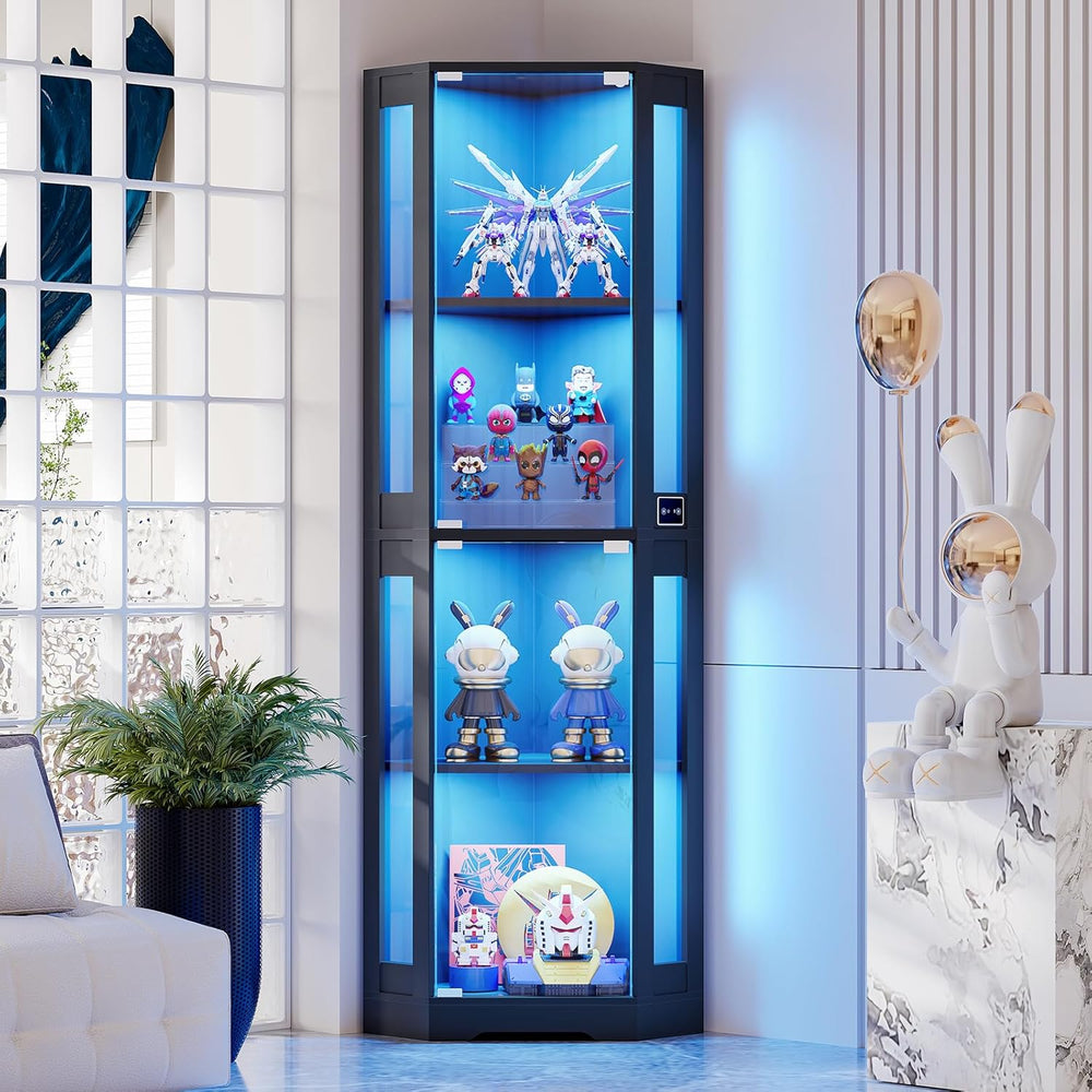 BROTTAR 65" Corner Glass Display Cabinet with LED Lights, 4-Tier Showcas...