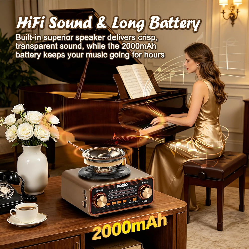Vintage Radio AM FM SW with Bluetooth/TF Card/USB Playback for Home, Office
