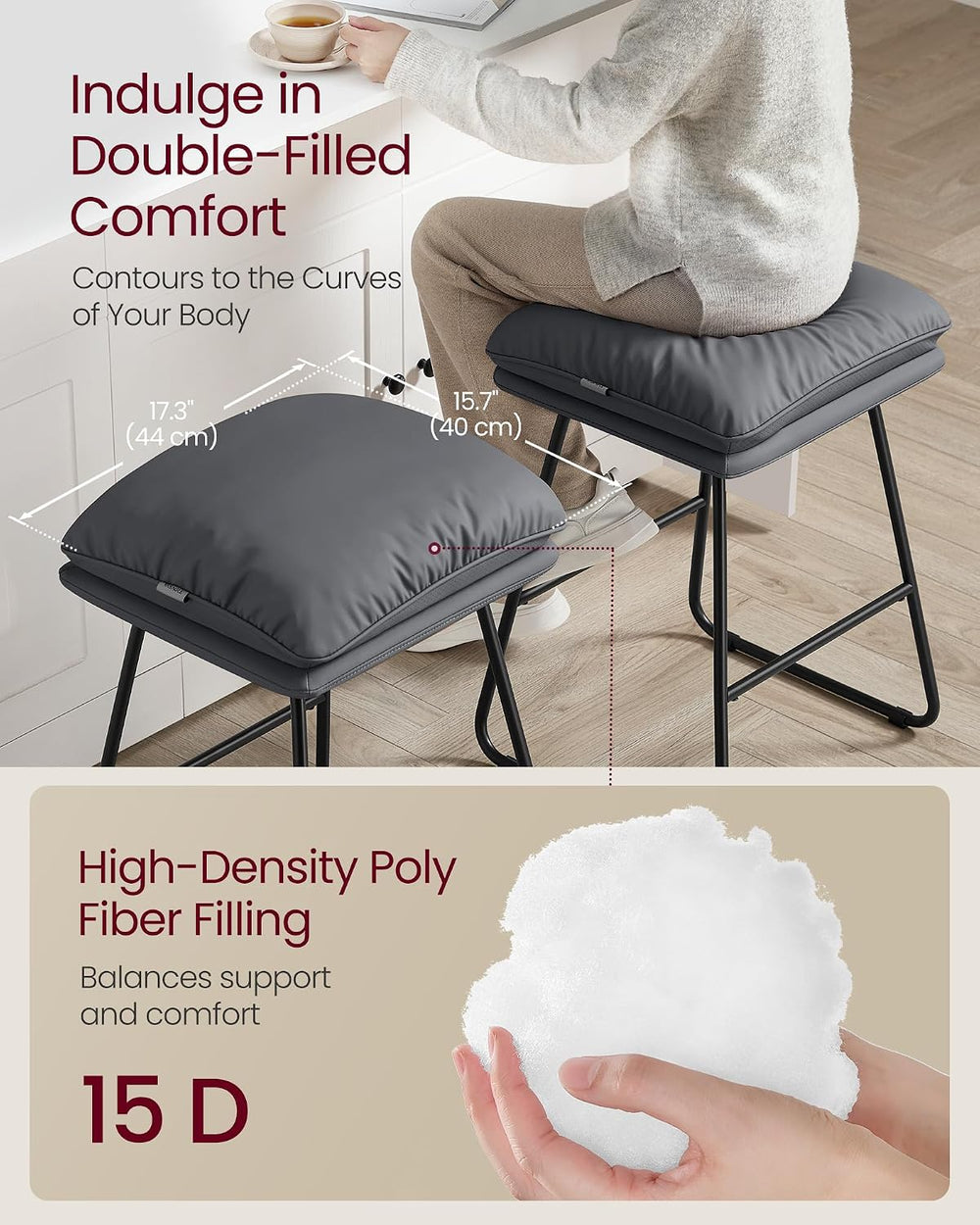VASAGLE Bar Stools Set of 2, Leather, Metal Sled Legs, 25.6 Inches