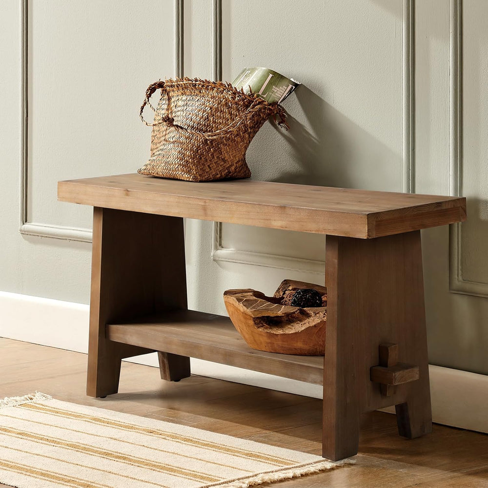 HOKYHOKY Wood Entryway Bench - 31.5" Farmhouse Small Storage Bench, Indo...