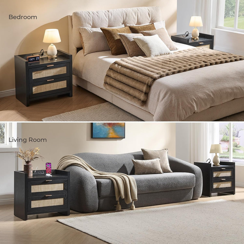 SICOTAS Rattan Nightstands Set of 2 : Bedside Table with 2 Large Drawers